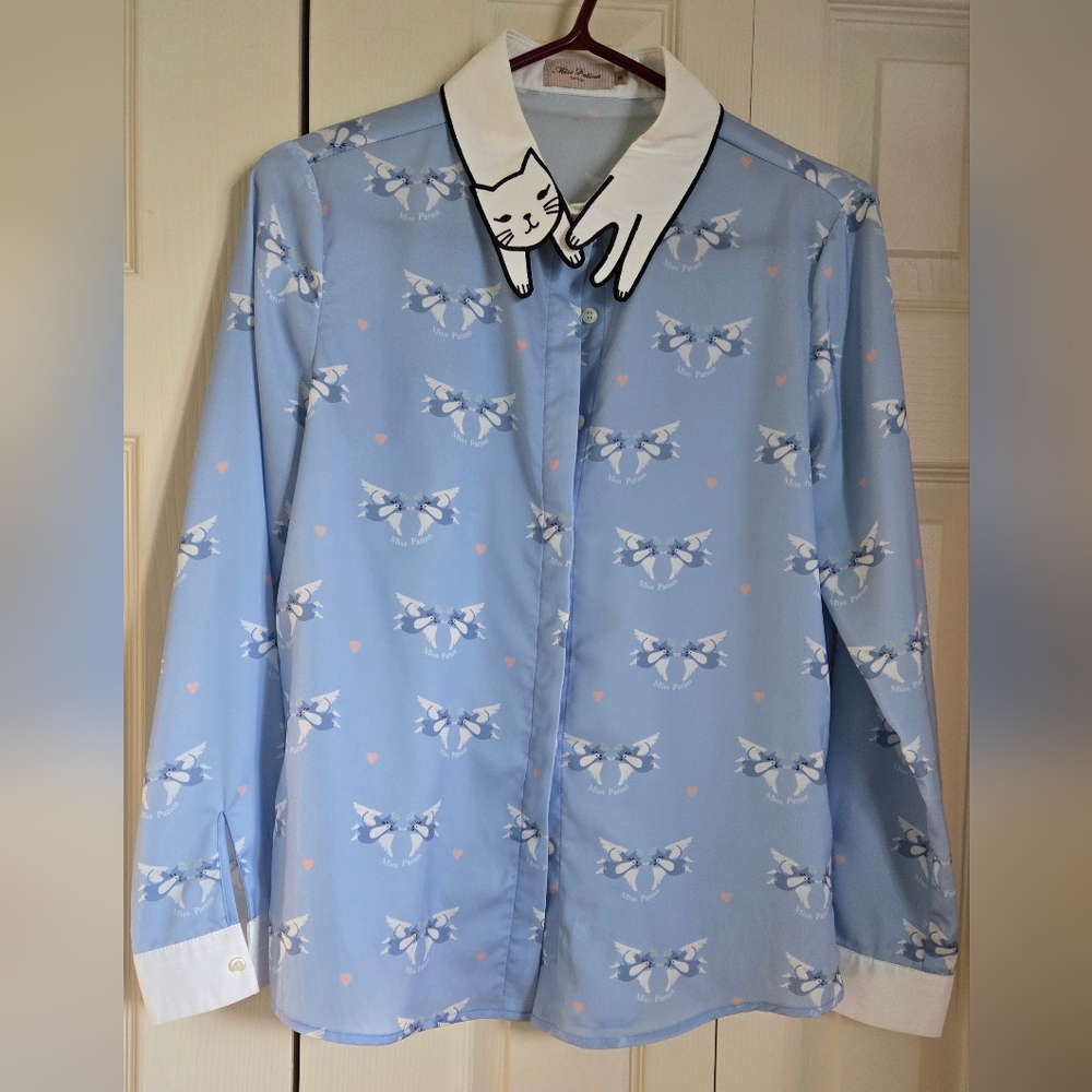 Miss Patina Cat Collar Blue Shirt